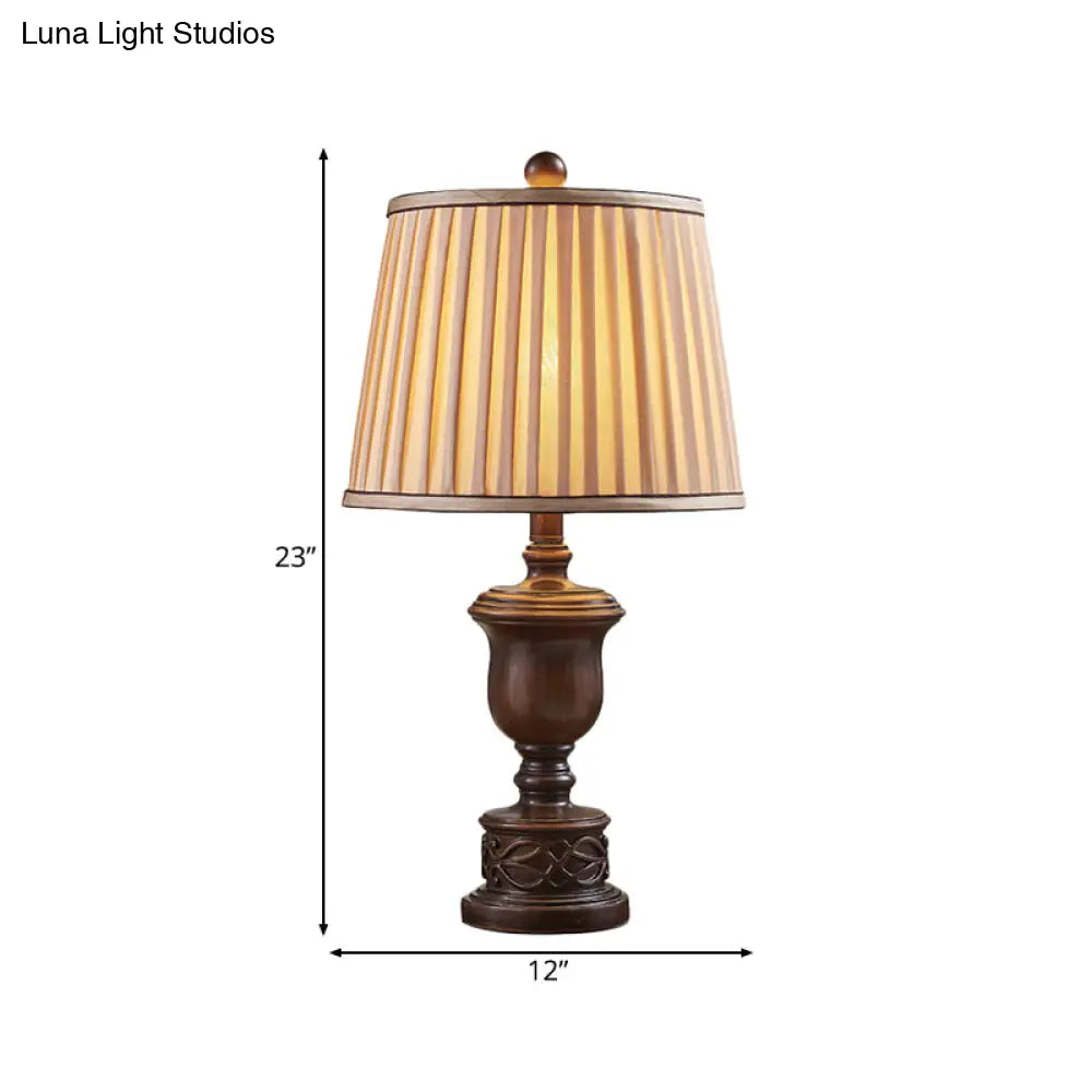 Antique Bedroom Nightstand Lamp - 1 Light Table With Pleated Fabric Shade & Brown Wooden Base