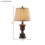 Antique Bedroom Nightstand Lamp - 1 Light Table With Pleated Fabric Shade & Brown Wooden Base