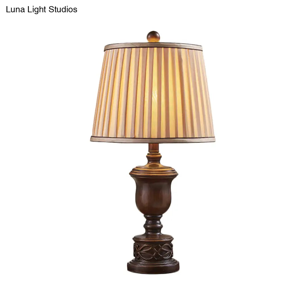 Antique Bedroom Nightstand Lamp - 1 Light Table With Pleated Fabric Shade & Brown Wooden Base