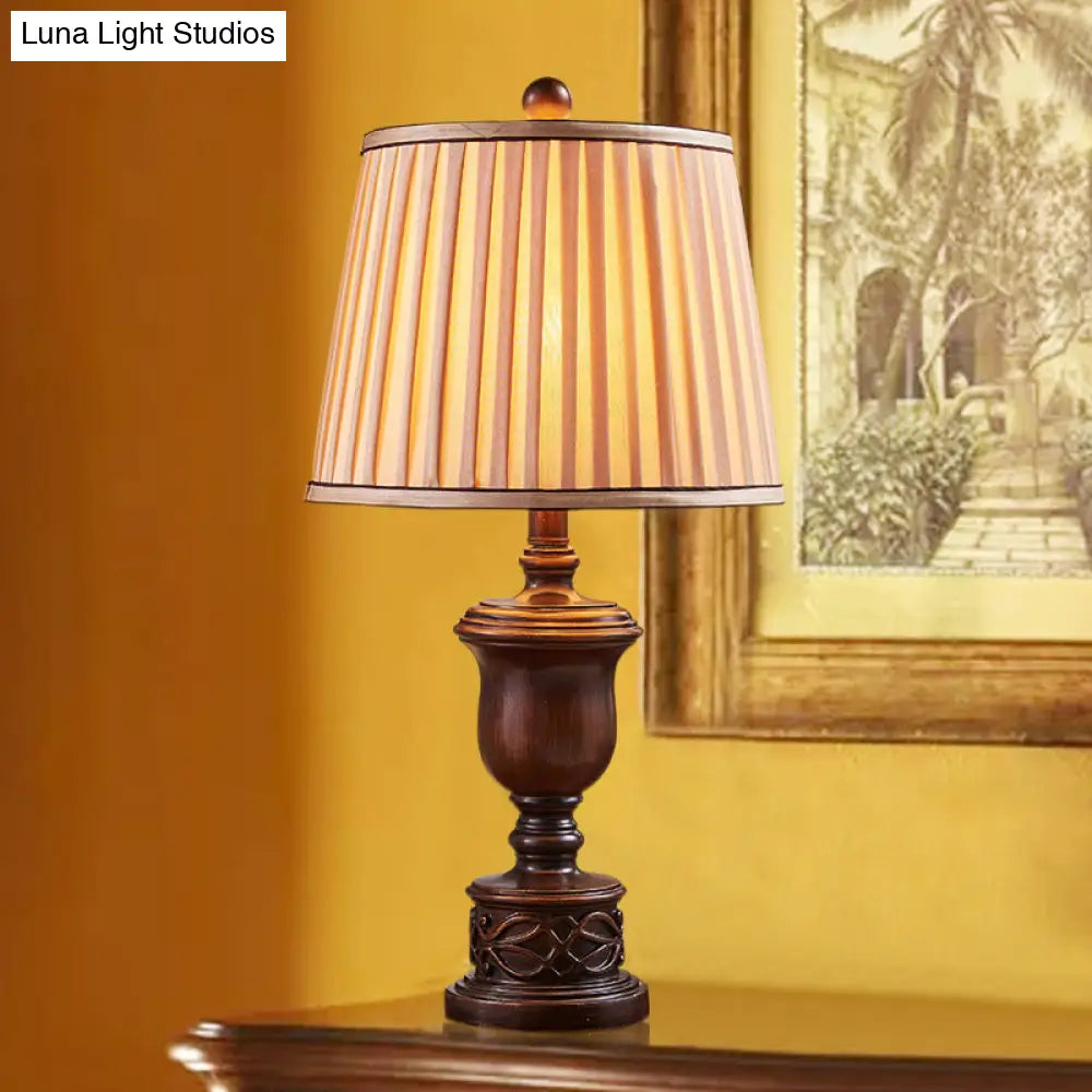 Antique Bedroom Nightstand Lamp - 1 Light Table With Pleated Fabric Shade & Brown Wooden Base