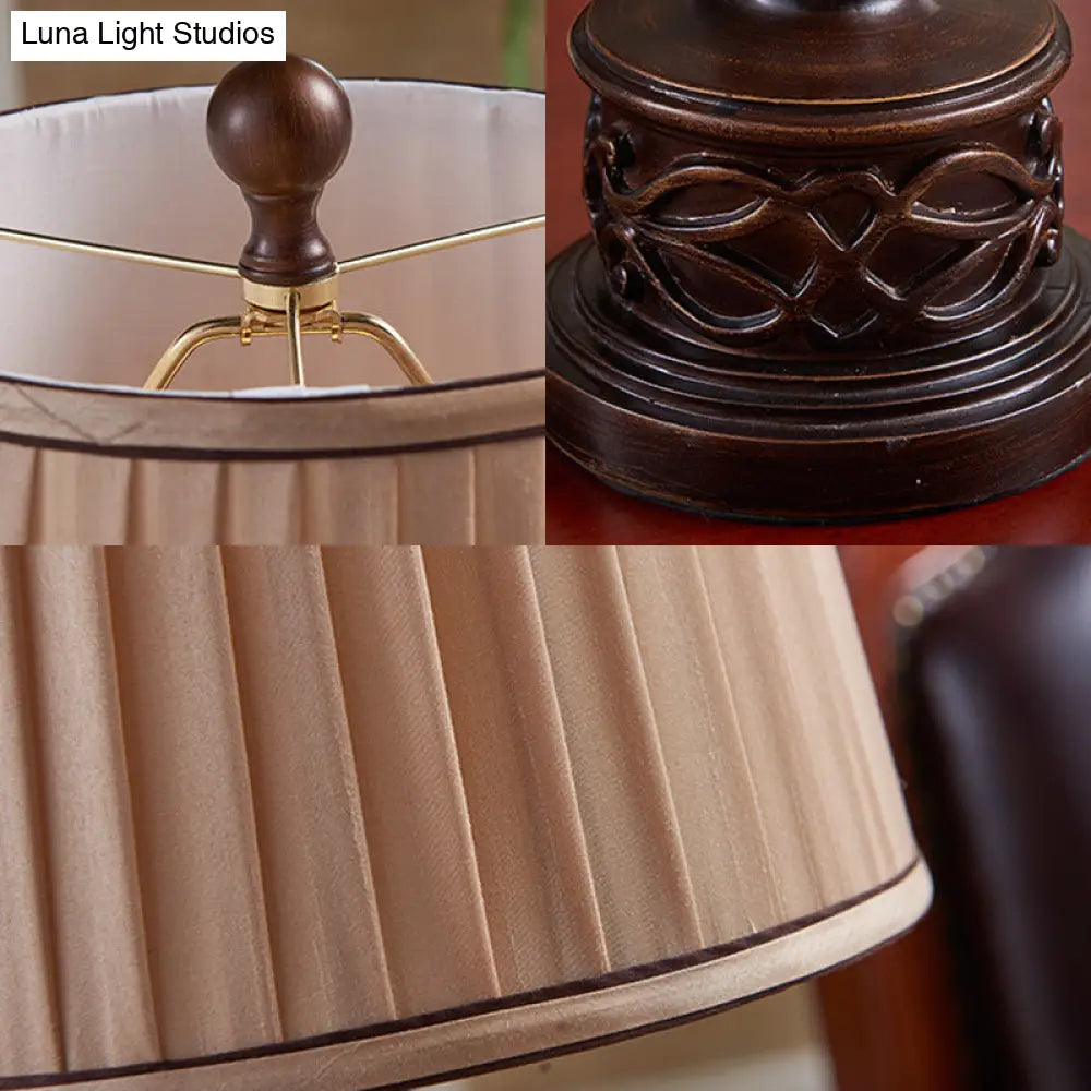 Antique Bedroom Nightstand Lamp - 1 Light Table With Pleated Fabric Shade & Brown Wooden Base
