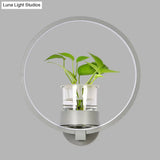 Antique Black/Grey/White Metal Sconce Light For Bedroom Wall Mount - Circular Design With Plant Cup