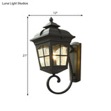 Antique Black Lantern Wall Lamp With Seedy Glass - 1 Light Up/Down Curved Arm 10/12.5 W