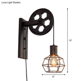Antique Black Single Pulley Wall Light - Industrial Iron Wire Cage For Restaurant Lighting