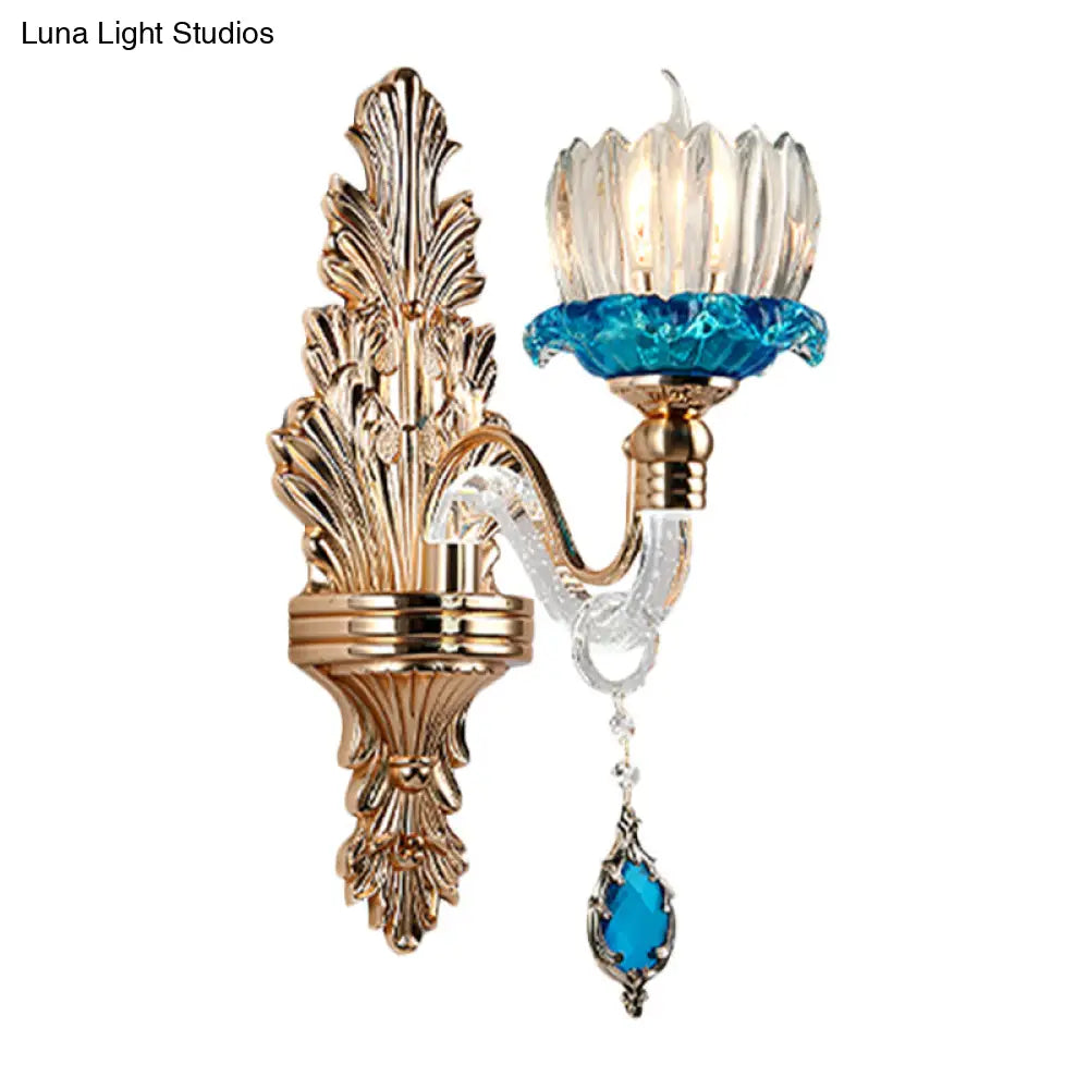 Antique Blue Crystal Flowerbud Wall Mount Light For Living Room