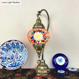 Antique Brass Armed Task Lamp With Colorful Glass Shade Single Bulb Table Light