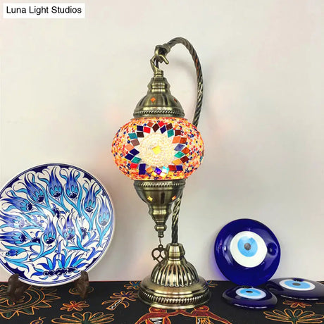 Antique Brass Armed Task Lamp With Colorful Glass Shade Single Bulb Table Light