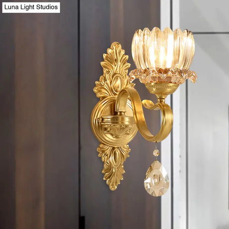 Antique Brass Lotus Wall Sconce: Clear Glass Mounted Lamp For Living Room