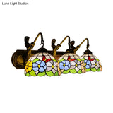 Antique Brass Peony Sconce Lighting With Tiffany Blue/Pink Glass - Wall Mounted 3 Lights