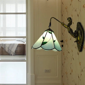 Antique Brass Sconce Light With Green Glass Lily Shade - Elegant Wall Mount For Hallway