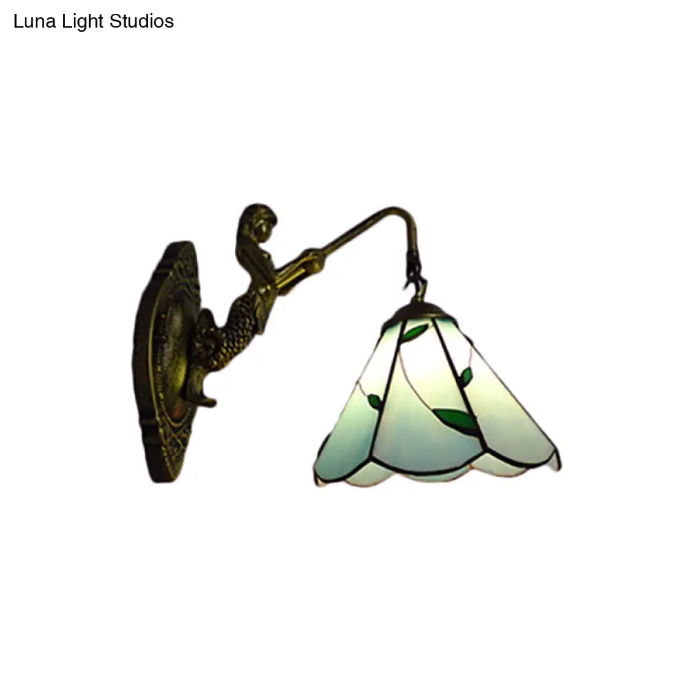 Antique Brass Sconce Light With Green Glass Lily Shade - Elegant Wall Mount For Hallway