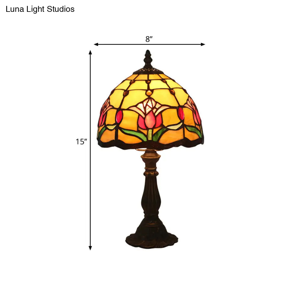 Antique Brass Single Head Night Table Lamp With Mediterranean Stained Glass In Pink Rose/Red