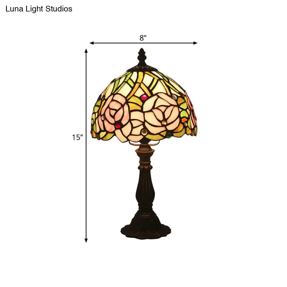 Antique Brass Single Head Night Table Lamp With Mediterranean Stained Glass In Pink Rose/Red