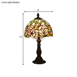 Antique Brass Single Head Night Table Lamp With Mediterranean Stained Glass In Pink Rose/Red