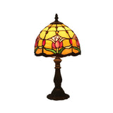 Antique Brass Single Head Night Table Lamp With Mediterranean Stained Glass In Pink Rose/Red
