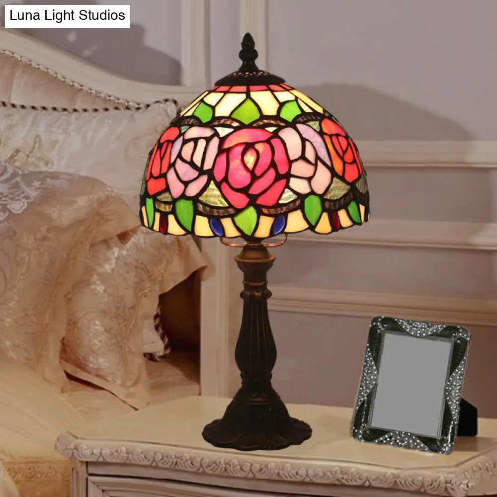 Antique Brass Single Head Night Table Lamp With Mediterranean Stained Glass In Pink Rose/Red