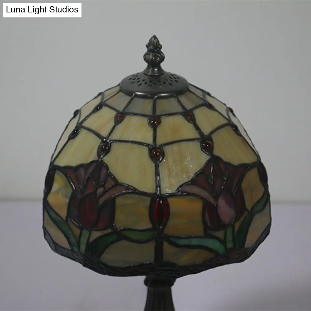 Antique Brass Single Head Night Table Lamp With Mediterranean Stained Glass In Pink Rose/Red