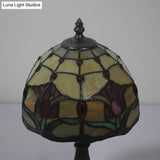 Antique Brass Single Head Night Table Lamp With Mediterranean Stained Glass In Pink Rose/Red