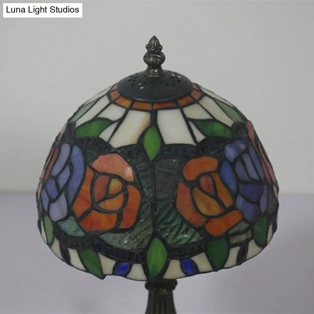 Antique Brass Single Head Night Table Lamp With Mediterranean Stained Glass In Pink Rose/Red