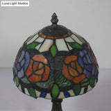Antique Brass Single Head Night Table Lamp With Mediterranean Stained Glass In Pink Rose/Red