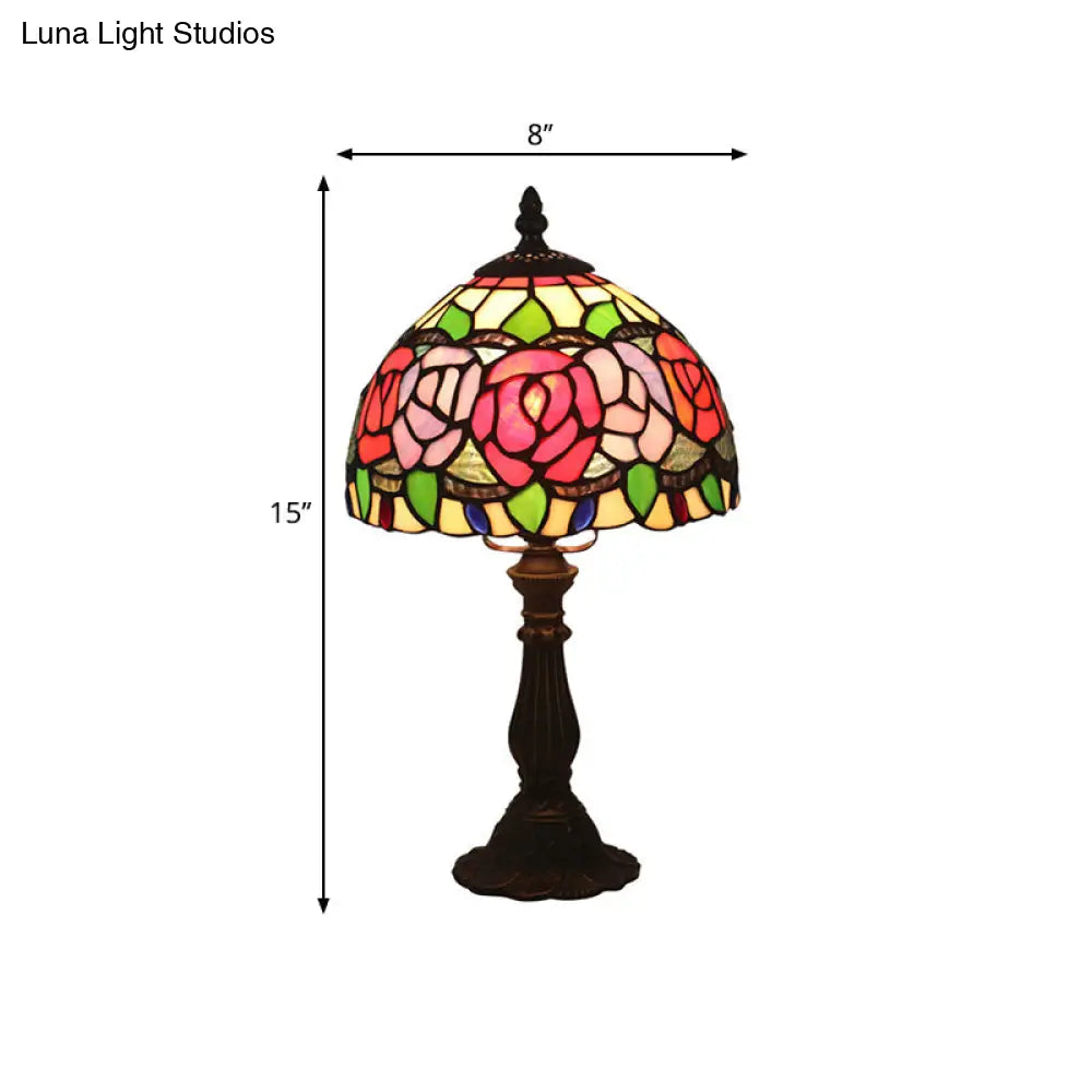 Antique Brass Single Head Night Table Lamp With Mediterranean Stained Glass In Pink Rose/Red