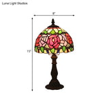Antique Brass Single Head Night Table Lamp With Mediterranean Stained Glass In Pink Rose/Red