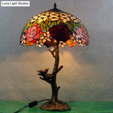 Antique Brass Single Light Nightstand Lamp With Stained Glass Rose Dragonfly And Victorian Design