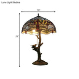 Antique Brass Single Light Nightstand Lamp With Stained Glass Rose Dragonfly And Victorian Design