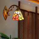 Antique Brass Stained Glass Tiffany Rustic Wall Sconce With Floral Design - Dining Room Décor