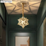 Antique Brass Star Shade Glass Pendant Lamp - Vintage Hanging Light For Hallway With Adjustable