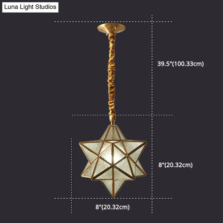 Antique Brass Star Shade Glass Pendant Lamp - Vintage Hanging Light For Hallway With Adjustable