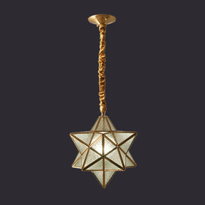 Antique Brass Star Shade Glass Pendant Lamp - Vintage Hanging Light For Hallway With Adjustable