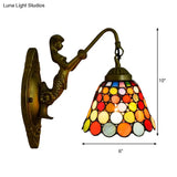 Antique Brass Tiffany Multicolor Stained Glass Flared Sconce Wall Light Fixture