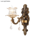 Antique Brass Wall Lamp: Single Mounted Bedside Light With Flower Shade & Clear Prismatic Glass