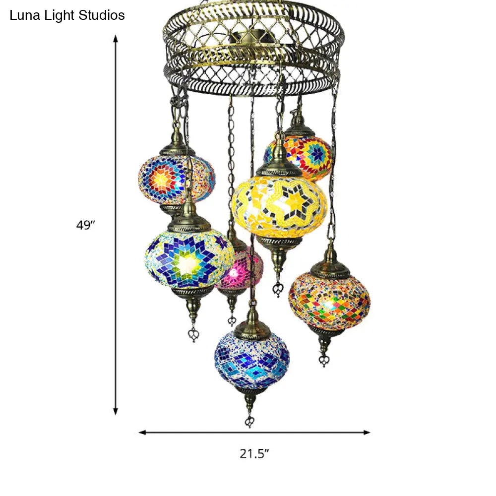 Antique Bronze 7-Head Chandelier With Colorful Glass Shades - Elegant Living Room Lighting Fixture