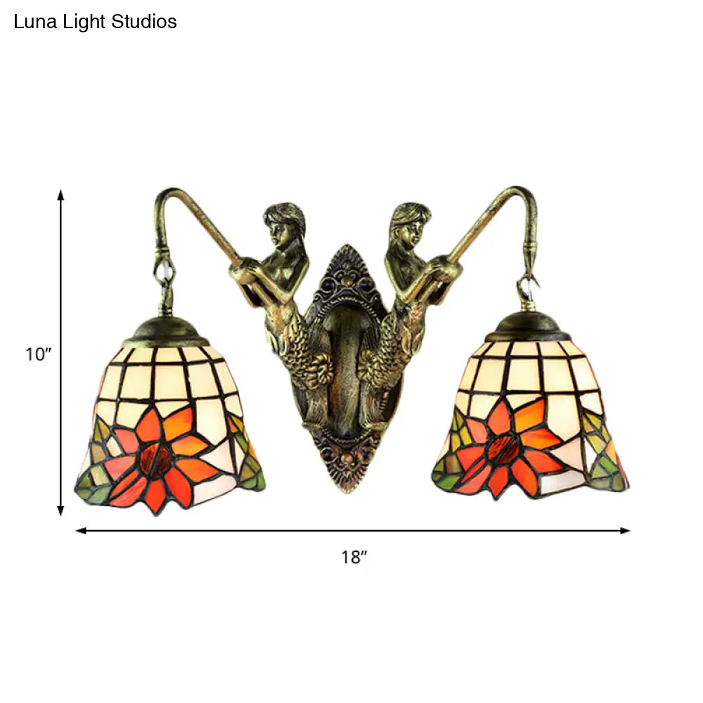 Antique Bronze Bell Wall Mounted Tiffany Sconce Light With 2 Frosted Glass Mermaid Heads - Ideal For
