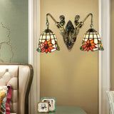 Antique Bronze Bell Wall Mounted Tiffany Sconce Light With 2 Frosted Glass Mermaid Heads - Ideal For