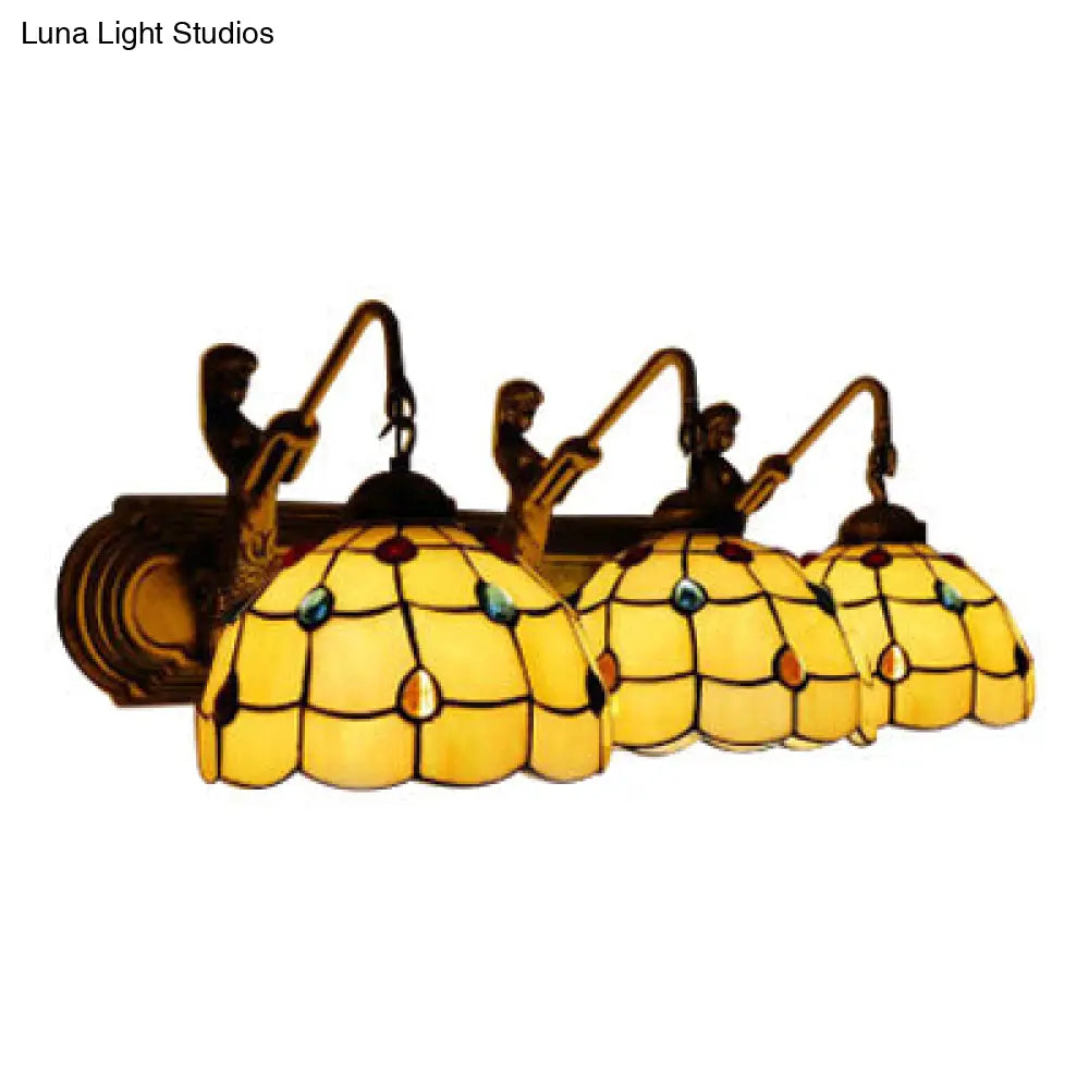 Antique Bronze Wall Sconce Light With Tiffany Yellow Glass And Grid Pattern - 1 Head Fixture