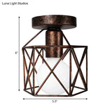 Antique Bronze Wire Cage Semi Flush Light With Hexagon Shade