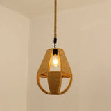 Antique Caged Pendant Light With Hemp Rope - Brown 1-Light For Restaurants / J