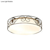 Antique Circular White Glass Flush Mount Light With 4 - Heads & Wire Cage
