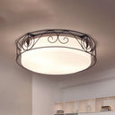 Antique Circular White Glass Flush Mount Light With 4 - Heads & Wire Cage