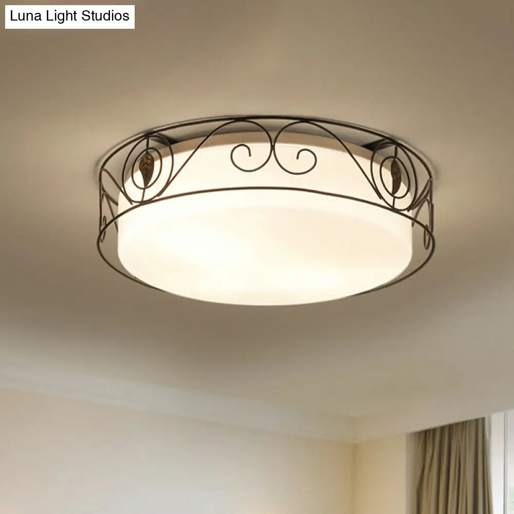 Antique Circular White Glass Flush Mount Light With 4 - Heads & Wire Cage