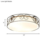 Antique Circular White Glass Flush Mount Light With 4 - Heads & Wire Cage