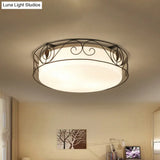 Antique Circular White Glass Flush Mount Light With 4 - Heads & Wire Cage