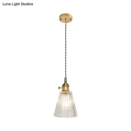 Antique Clear Glass Hanging Brass Pendant Light Fixture With Lattice/Grid Design - Ideal For Dining