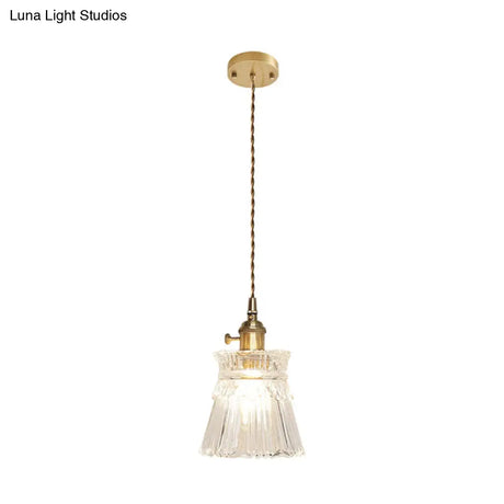 Antique Clear Glass Hanging Brass Pendant Light Fixture With Lattice/Grid Design - Ideal For Dining