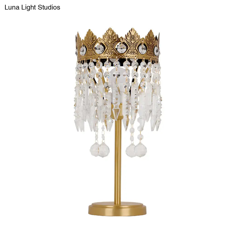 Antique Crystal Fringe Brass Nightstand Light With Carved Crown Top - 1 Bulb Table Lighting