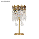 Antique Crystal Fringe Brass Nightstand Light With Carved Crown Top - 1 Bulb Table Lighting