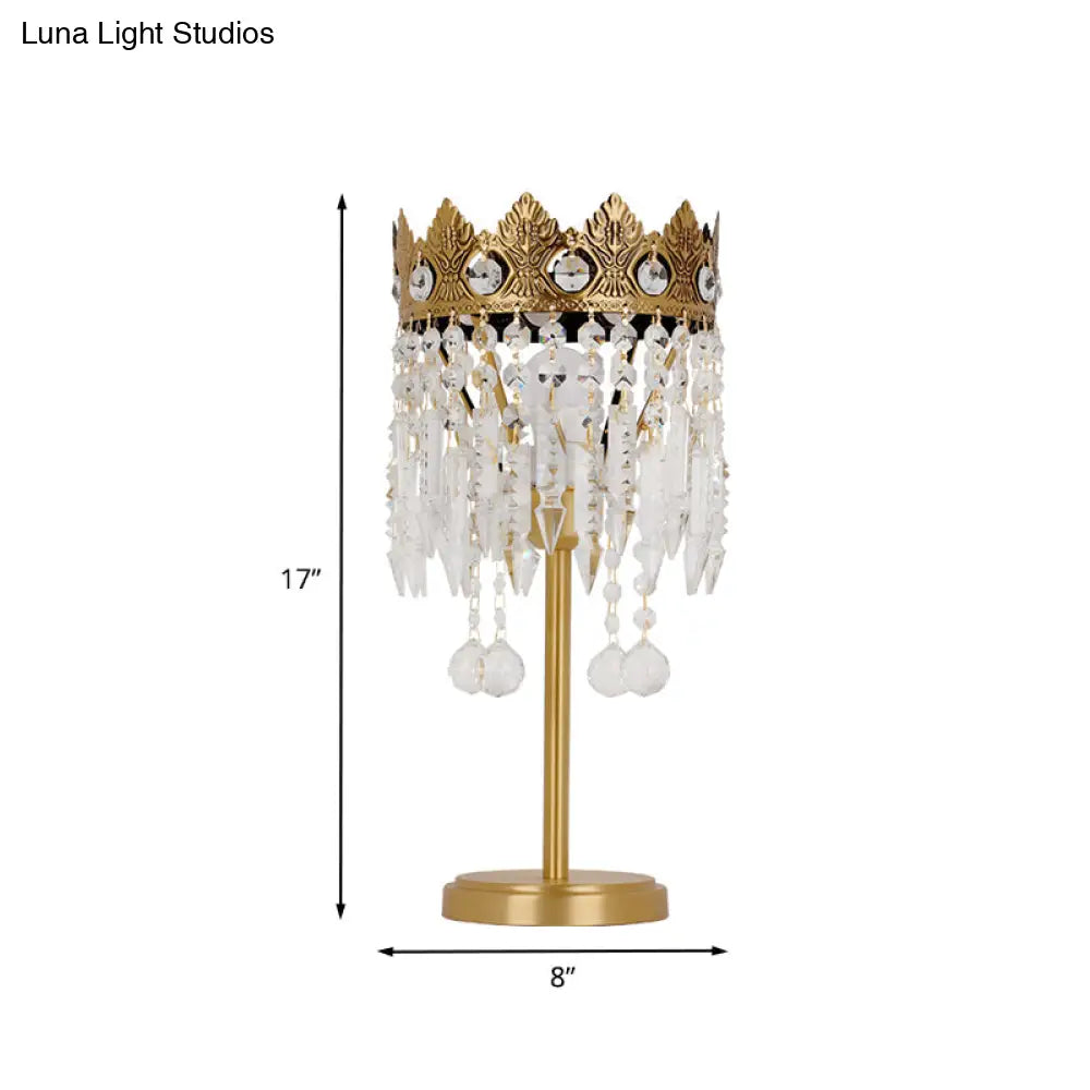 Antique Crystal Fringe Brass Nightstand Light With Carved Crown Top - 1 Bulb Table Lighting